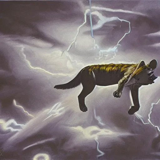 Image similar to escher oil painting of a giant hyena made of electricity, leaping through the sky, apocalyptic