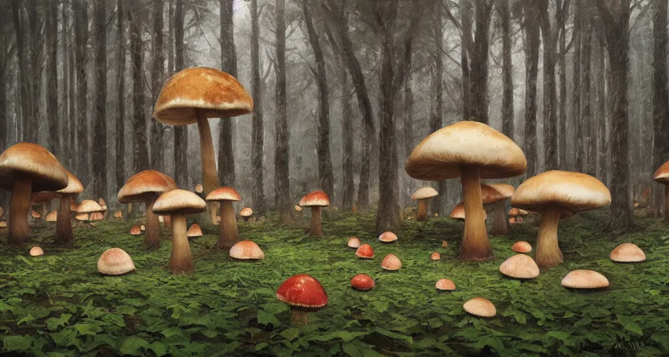 Prompt: A tribal village in a forest of giant mushrooms, by Alyssa Monks