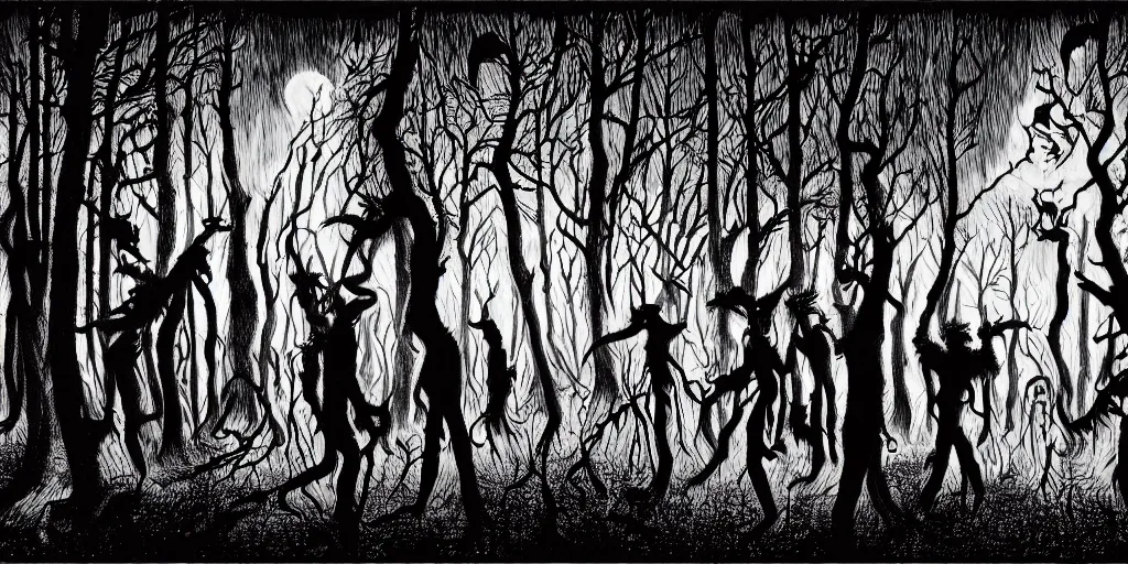 Image similar to masterpiece demons, vampires and witches dancing in the scary woods at dusk, by jeffrey smith and stanley donwood. volumetric lighting, photorealistic, intricate, trending on artstation 8 k