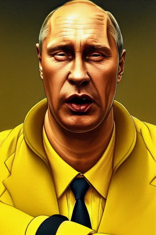 Image similar to vladimir putin as a yellow funny homer simpson, realistic portrait, symmetrical, highly detailed, digital painting, artstation, concept art, smooth, sharp focus, illustration, cinematic lighting, art by artgerm and greg rutkowski and alphonse mucha