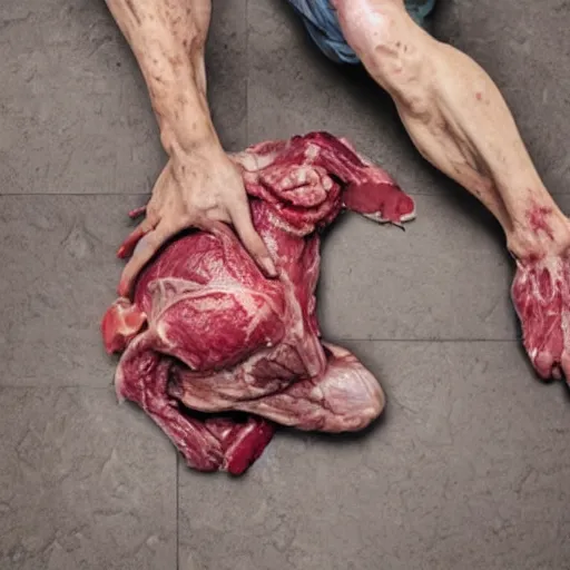 Prompt: an 8 k uhd digital photo of a zombie with crumpled on the bathroom floor showing raw elbows and bent knees and flesh and meat and tendon