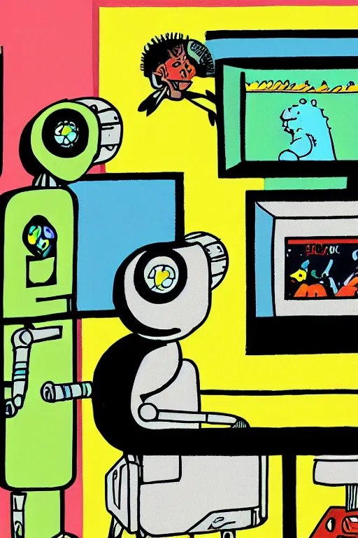 Image similar to an illustration of robots watching tv in the style of goodnight moon by margaret wise brown