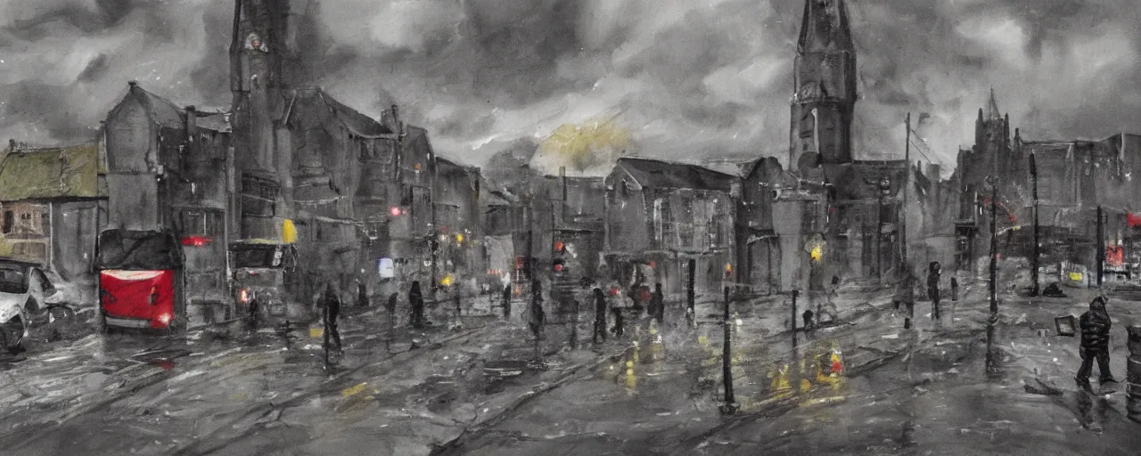 Prompt: a painting of street life in kirkwall orkney, Post-apocalyptic, grey, desolate, stormy, fire, decay