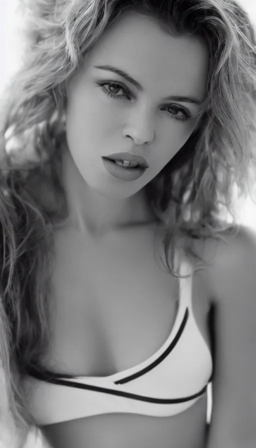 Prompt: young kylie minogue in a bikini. soft lighting. glamorous. sophisticated. studio photography. depth of field. trending on artstation. cinematic. photorealistic. bokeh.