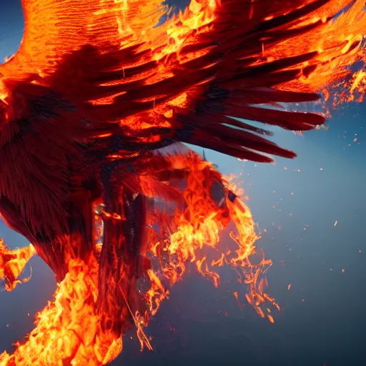 Prompt: photorealistic image of a detailed flaming phoenix wings spread 8 k extremely detailed hd hyperrealism unreal engine daz 3 d