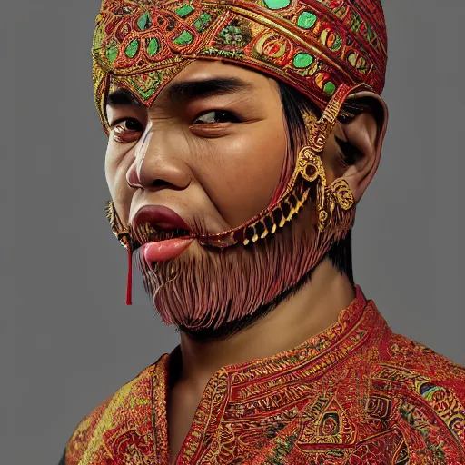 Image similar to javanese man wear traditional dress. matte, facial features, symmetrical anatomy, hyperdetailed, digital art, baroque, pop punk art style, fantasy, full body pictures, without duplication, art by artgerm and ilya kuvshinov and vinicius gud and gustavo zambelli, intricate, octane render.