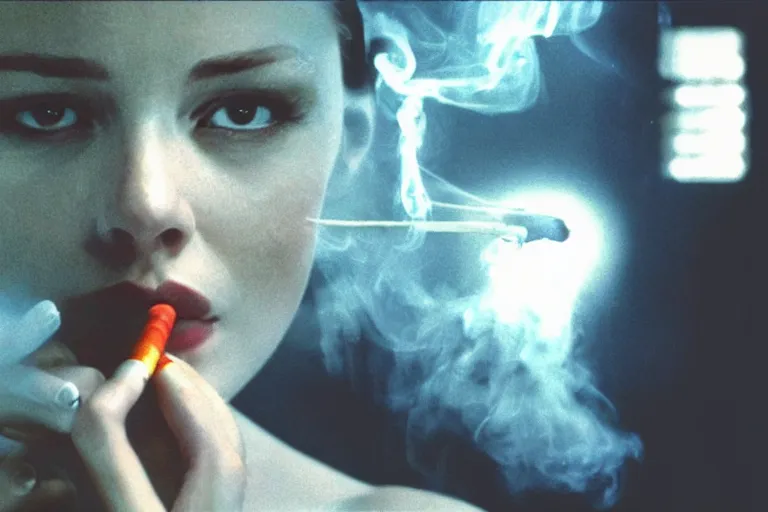 Image similar to an artificial intelligence smoking a cigarette behind a computer screen, beautiful lighting, high depth, ultra realistic, artistic, by annie leibovitz and the matrix