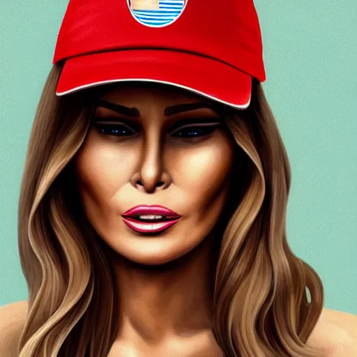 Prompt: portrait of Melania Trump eating hamburgers, extra onions and ketchup, luscious patty with sesame seeds, feminine ethereal, holy sacred light rays, handsome, volumetric light, american flag themed background, MAGA hat, D&D, fantasy, intricate, elegant, highly detailed, digital painting, artstation, concept art, matte, sharp focus, illustration, art by Artgerm and Greg Rutkowski and Alphonse Mucha