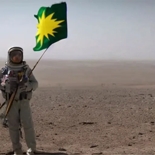 Image similar to kurdish astronaut holding a kurdish! kurdistan! flag in a movie directed by christopher nolan, movie still frame, promotional image, imax 7 0 mm footage