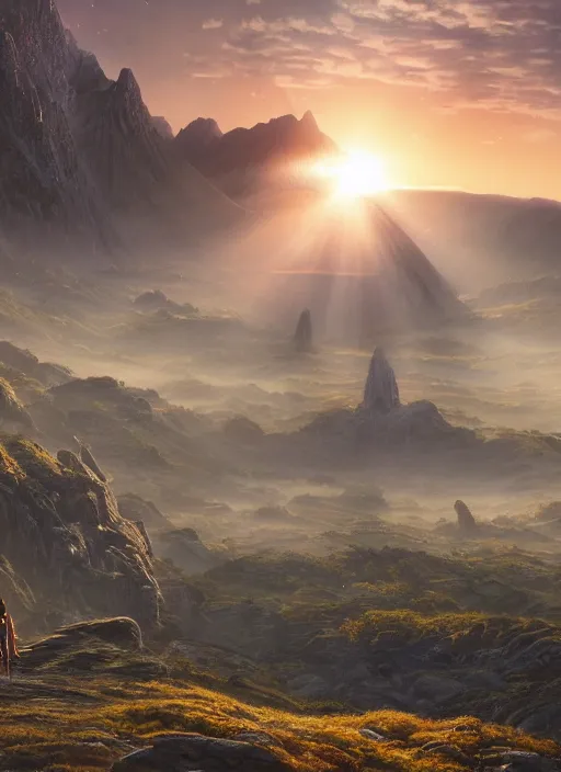 Image similar to a cosmic monk in lord of the rings scenery landscape, looking out at a vast lush valley at sunrise, gigantic temple of alien architecture in the distance, god's rays, highly detailed, vivid color, cinematic lighting, perfect composition, 8 k, gustave dore, derek zabrocki, greg rutkowski, belsinski, octane render