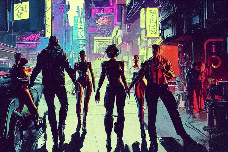 Image similar to cyberpunk heist crew entering club. portrait by stonehouse and mœbius and will eisner and gil elvgren and pixar. character design. realistic proportions. dystopian. cyberpunk 2 0 7 7 character art, blade runner 2 0 4 9 concept art. cel shading. attractive face. thick lines. the team. diverse characters.