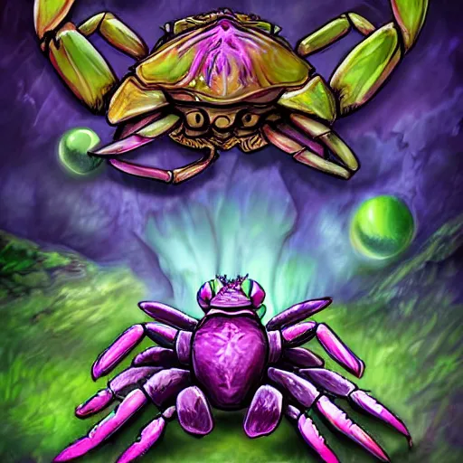 Image similar to violet fantasy crab scorpion hybrid, graveyard background, hearthstone coloring style, epic fantasy style art, fantasy epic digital art