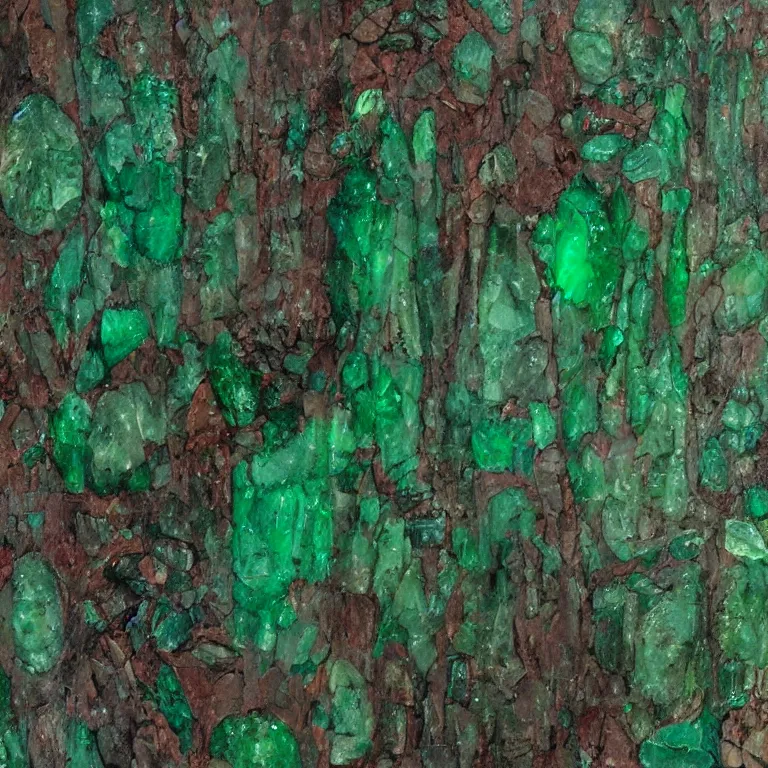 Image similar to big green emerald crystal gems embedded, worn decay texture, intricate concept art painting, fantasy, nature grotesque dark