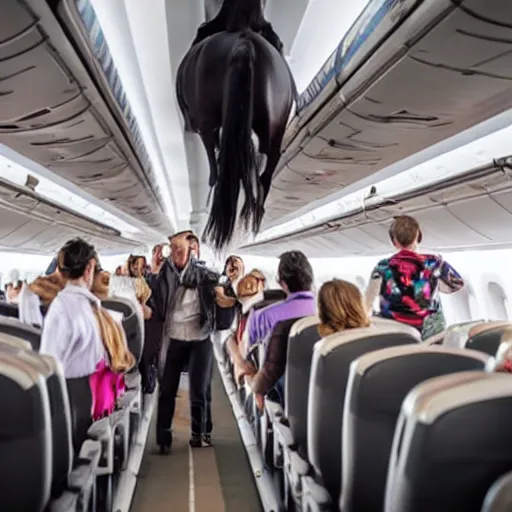 Prompt: passengers in economy on an airliner riding horses and juggling