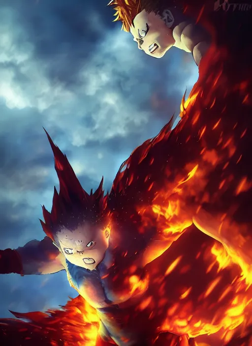 Image similar to Endeavor from my hero academia have flame wings and posing, anime, hyper realism, dark atmosphere, cinematic shot, intricate, ornate, photorealistic, ultra detailed, realistic, 100mm, photography, octane, high definition, depth of field, bokeh, 8k, artstation