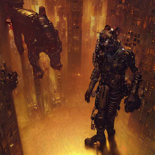 Image similar to portrait german dogman canine neuromancer. spaceship futuristic city. shadowrun cyberpunk fantasy d & d painting by gaston bussiere craig mullins jc leyendecker gustav klimt artgerm greg rutkowski john berkey, bergey, craig mullins, ruan jia, raymond swanland, jeremy mann, beksinski, jack kirby, tom lovell