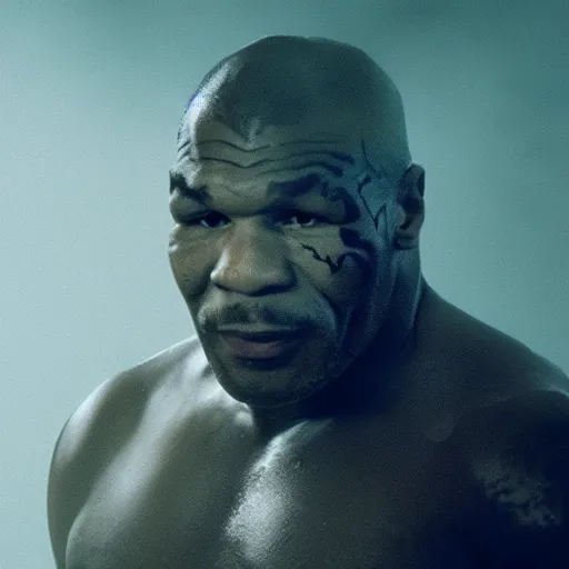 Image similar to a still of mike tyson, cinematic, 4 k, god rays through fog