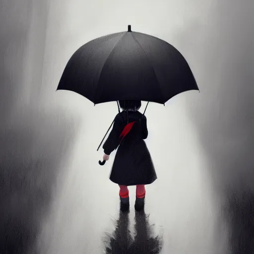 Image similar to a little girl holding an umbrella in the rain, a storybook illustration by atey ghailan, trending on cgsociety, cynical realism, storybook illustration, 2 d game art, rendered in unreal engine