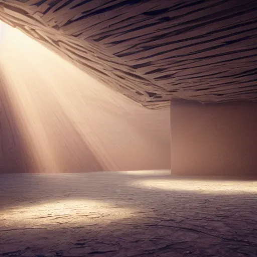 Image similar to a photo of the interior of a vast infinite vaulted structure made of driftwood, volumetric lighting, light rays, photorealistic, ultrarealistic, coronarender, 8 k