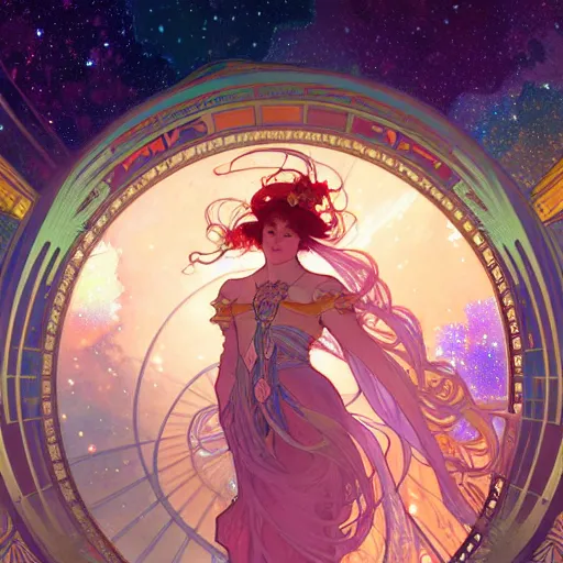 Image similar to a beautiful highly detailed digital art of colorful castle nebulas by alphonse mucha, moebius, krenz cushart, stars in the background, highly detailed, intricate design, cinematic view, 8 k resolution, trending on artstation