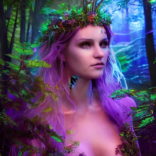 Image similar to Photorealistic elvish goddess in a magical bioluminescent forest Hyperdetailed photorealism, 108 megapixels, amazing depth, glowing rich colors, powerful imagery, psychedelic Overtones, 3D finalrender, 3d shading, cinematic lighting, artstation concept art