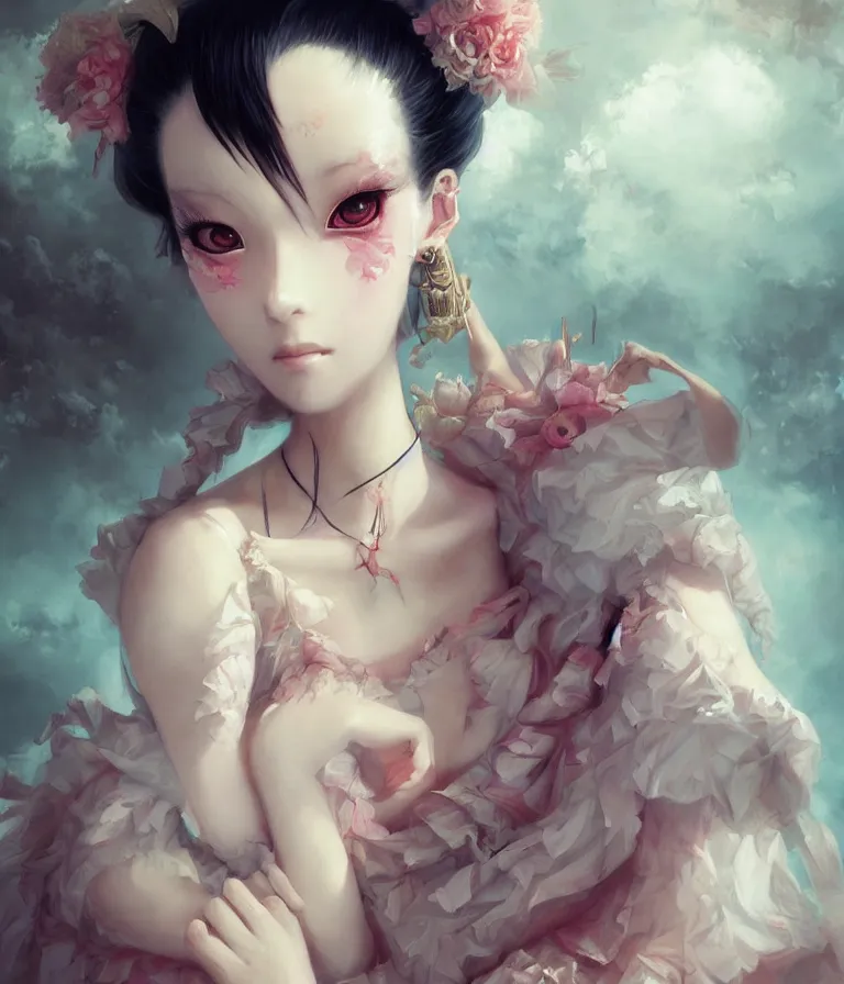 Prompt: anime 3 d art, wlop art, realistic marie antoinette girl painting, japanese street fashion, hyper realism, muted colours, rococo, natalie shau, anime, tom bagshaw style