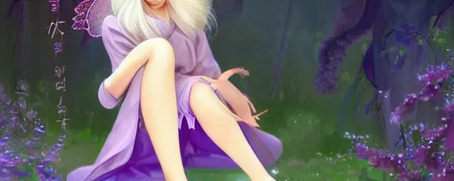 Image similar to Full View of a mysterious kpop fairy maidens with short blond hair wearing an oversized purple Beret, Baggy Purple overall shorts, Short Puffy pants made of silk, silk shoes, a big billowy scarf, Golden Ribbons, white leggings Covered in stars. Short Hair. peasant magic. masterpiece 4k digital illustration by Ruan Jia and Mandy Jurgens and Artgerm and william-adolphe bouguereau, award winning, Artstation, art nouveau aesthetic, Alphonse Mucha background, intricate details, realistic, panoramic view, Hyperdetailed, 8k resolution, intricate art nouveau, smooth, sharp focus