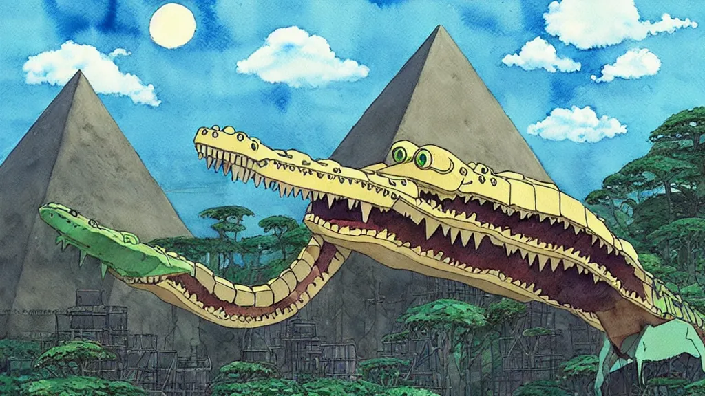 Image similar to a hyperrealist watercolor concept art from a studio ghibli film showing a giant mechanized crocodile from howl's moving castle ( 2 0 0 4 ). a pyramid is under construction in the background, in the rainforest on a misty and starry night. a ufo is in the sky. by studio ghibli