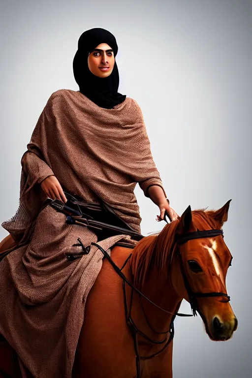 Image similar to hyperrealistic portrait from middle eastern burqa woman riding horse, with riffle in her chest, super highly detail, accurate boroque, without duplication content, white border frame, medium close up shot, justify content center, symmetrical, incrinate, cinematic, dust, award winning photos, vogue, shadow effect, luminate, sharp focus,