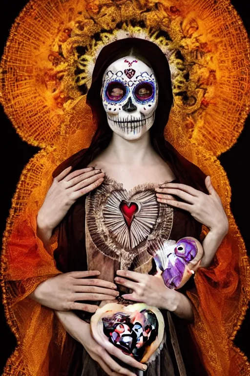 virgin mary holding stainglass heart, dia de muertos | Stable Diffusion