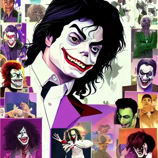 Image similar to michael jackson as the joker laugh on camera. symmetrical anatomy, hyperdetailed, coloured comic, baroque, pop punk art style, fantasy, without duplication, art by artgerm and ilya kuvshinov and vinicius gud and gustavo zambelli, intricate.