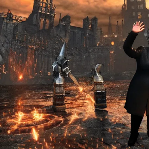 Prompt: Angela merkel praising the sun in Dark Souls 3