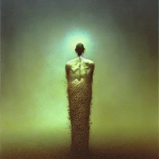Prompt: arm reaching out of thick fog, psychedelic, zdzislaw beksinski