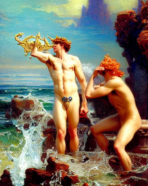 Image similar to attractive god neptune arguing with handsome god poseidon about who rules the oceans, painting by gaston bussiere, craig mullins, j. c. leyendecker,