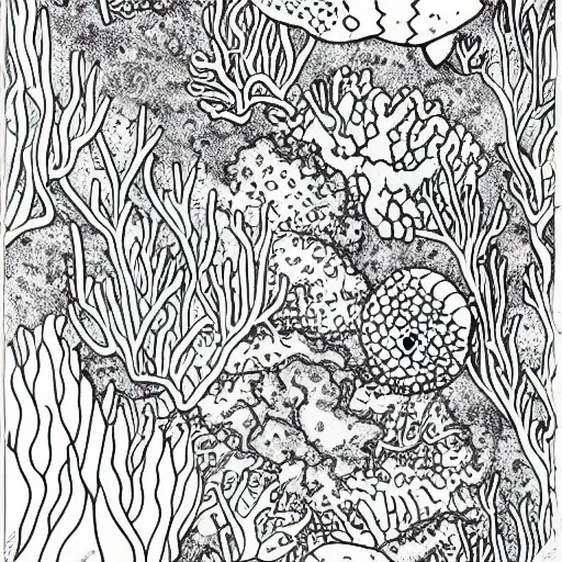 Prompt: grayscale adult coloring page of the coral reef