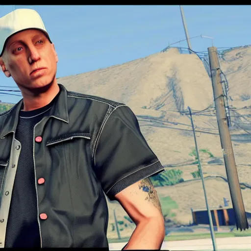 Image similar to Screenshot of Eminem in the game GTA V, highly detailed