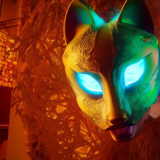 Image similar to a translucent beautiful made holographic kitsune mask in the middle of the picture, sourrounded by fod, intricate unreal engine 5 creation, movie still