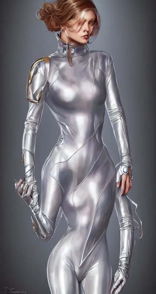 Image similar to beautiful female in futuristic bodysuit (teddy) with transparent plastic hood, intricate, elegant,highly detailed, digital painting, artstation, concept art, smooth, sharp focus, illustration, by artgerm and James Jane and Alphonse Mucha