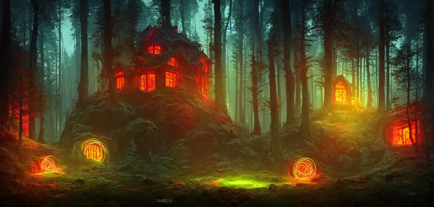 Image similar to random scary forest house landscape, round glowing multicoloured neon portal, central symmetrical composition, incredible, vector art, octane render, fabulous, hyper detailed, random cinematic view, no noise, global illumination, warm lighting, volumetric, godrays, vivid, beautiful, by jordan grimmer