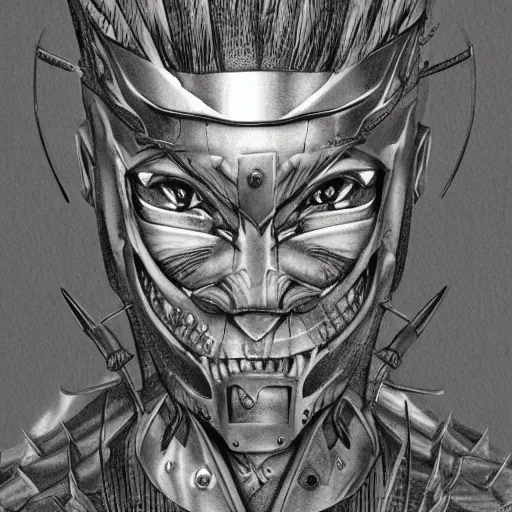 Image similar to japanese futuristic warrior with many scars, high detail, hyperdetailed, hard ink, no pencils, drawing