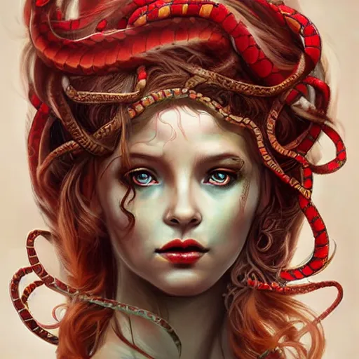 Image similar to realistic mythological greek medusa with red snakes on the head full body, by anna dittmann