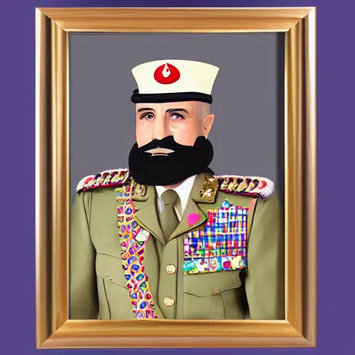 Image similar to professional portrait of an arab military general with a big mustache wearing a beret, rainbow background, 8 k, intricate, detailed,