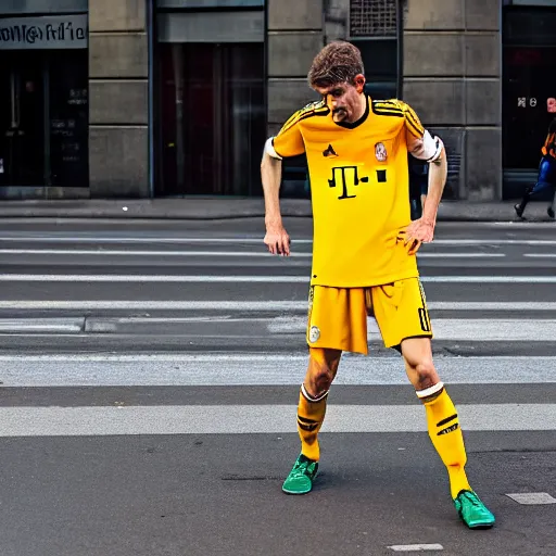 Image similar to 4k photography. thomas muller is a bum in the streets of berlin, kicking a can.