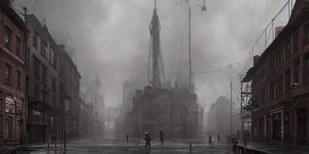Prompt: A street-level view of a gloomy fantasy Victorian-era town, single-point perspective centered in a single tall foreboding radio tower with cast-iron walkways; cloudy weather, artstation, octane render, cgi, cgsociety, volumetric lighting, cinematic, colorful, ray traced, ambient occlusion, depth of field, fog,