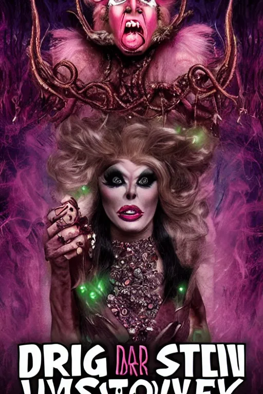 Image similar to drag queen monster in horrific eldritch horror movie poster