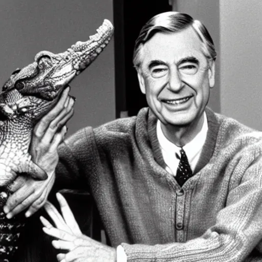 Prompt: mr. rogers with alligator heads instead of hands.