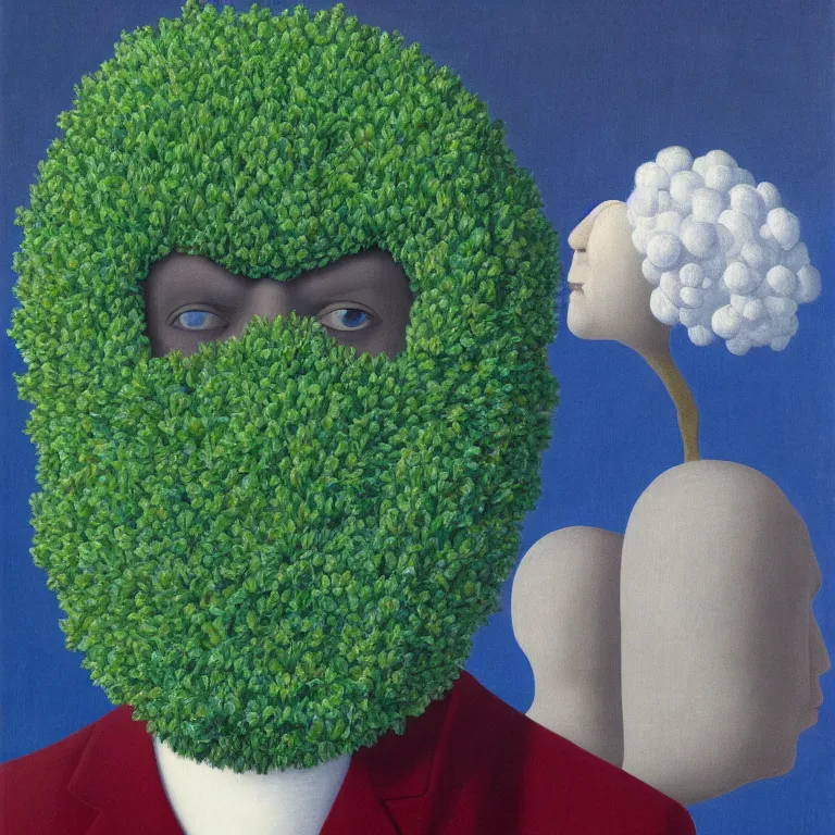 Image similar to portrait of a faceless beautiful flower - head man by rene magritte, detailed painting, distance, centered, hd, hq, high resolution, high detail, 4 k, 8 k