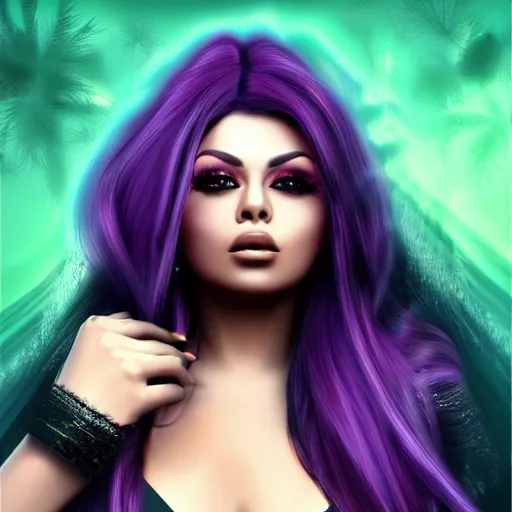 Prompt: portait of haifa wehbe, sadness look, long purple hair centred, hd, digital painting, unreal engine, final fantasy style, very beautifull face, amazing red orange background theme
