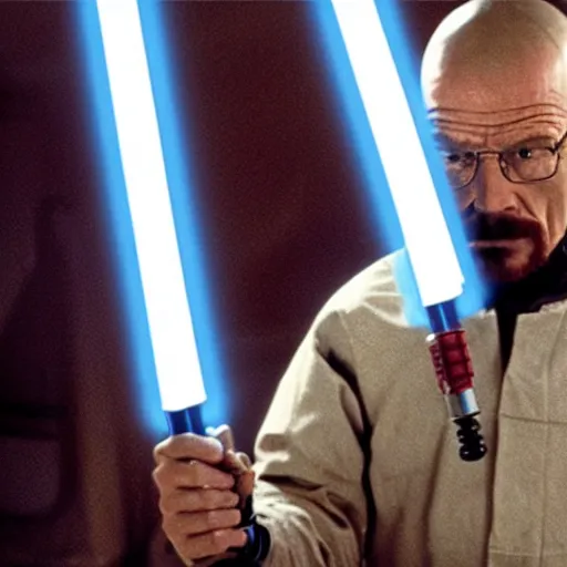 Prompt: A still of Walter White in Star Wars: A New Hope, holding an activated lightsaber