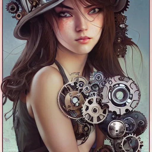 Prompt: sad girl, clockwork, springs, pistons, gears, wind - up parts, steampunk,, detailed study, realism, 1 6 f, focus on the girl, cute face, innocent, intrude, elegant, highly detailed, sharp focus, illustration, art by artgerm and greg rutkowski and alphonse mucha gabrielle rossetti